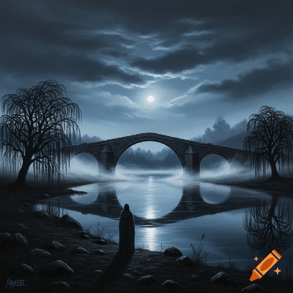 A cloaked figure stands by a misty river at night, looking at a stone bridge under a full moon, in a dark oil painting.