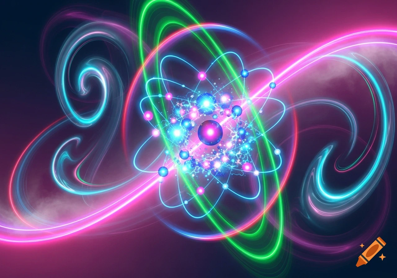 Vibrant, glowing abstract atom with central nucleus and orbiting particles in neon pink, blue, and green.