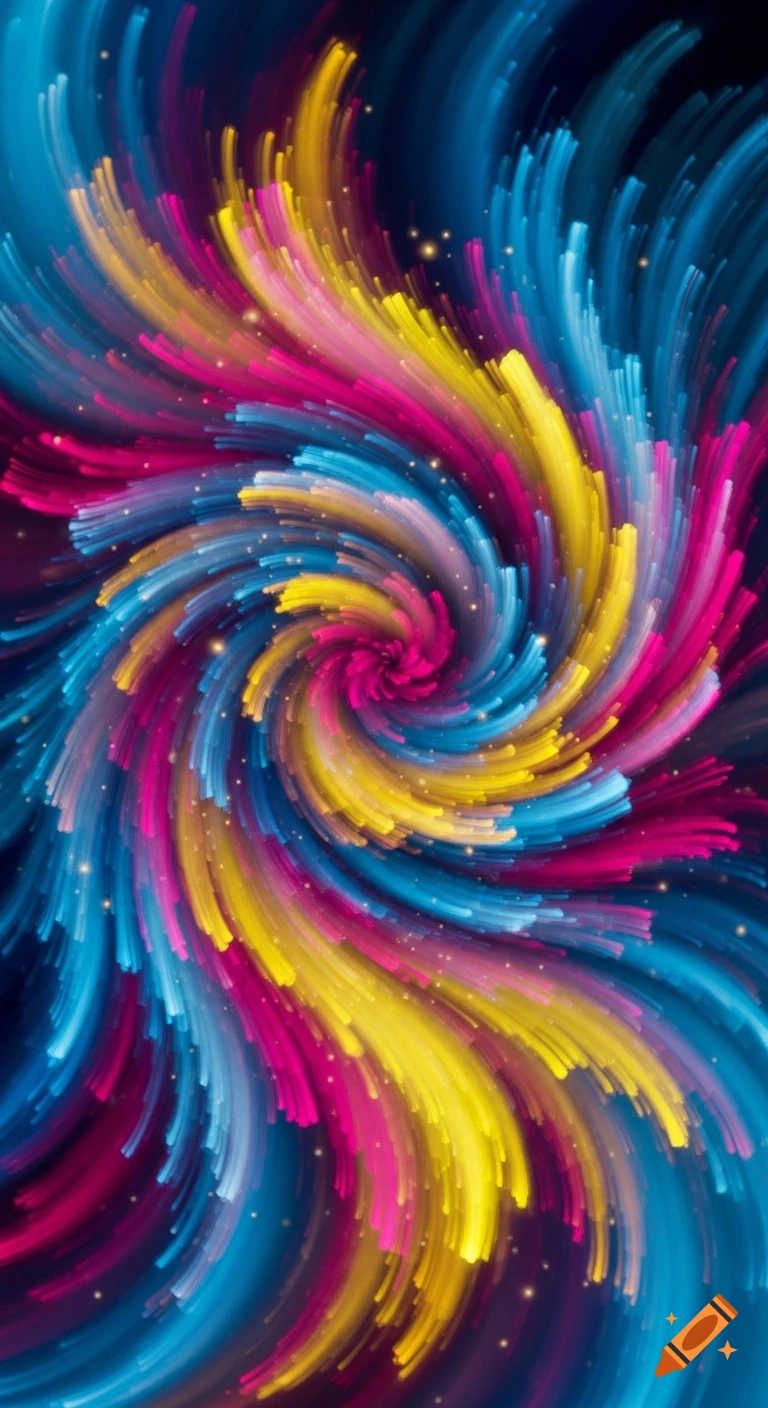 Vibrant abstract spiral of colorful brushstrokes or light trails in blue, pink, and yellow on a dark background.