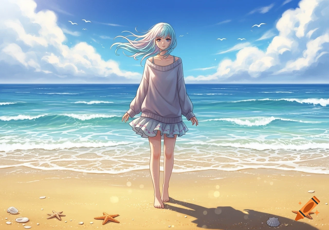 An anime girl with multi-colored hair in a sweater and skirt stands barefoot on a sandy beach with blue ocean waves and a clear sky.
