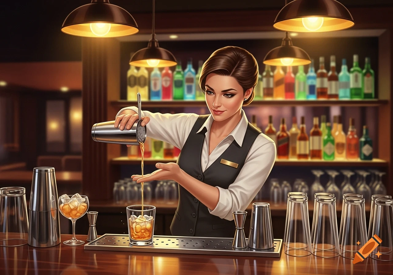 A stylized image of a brown-haired female bartender expertly pouring a drink from a shaker into a glass filled with ice cubes on a polished wooden bar.