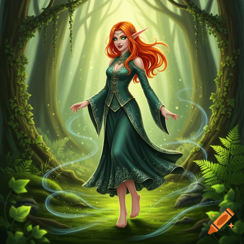 A vibrant elf with long orange hair and green eyes stands barefoot in a magical forest, wearing a flowing green dress.