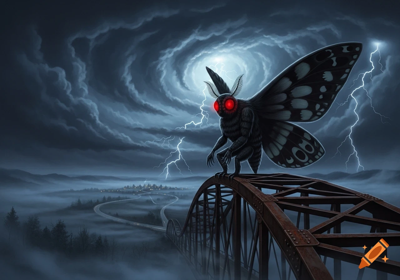 A large, black Mothman with glowing red eyes stands on a rusty bridge under a swirling, stormy sky with lightning, overlooking a foggy valley and a distant town.