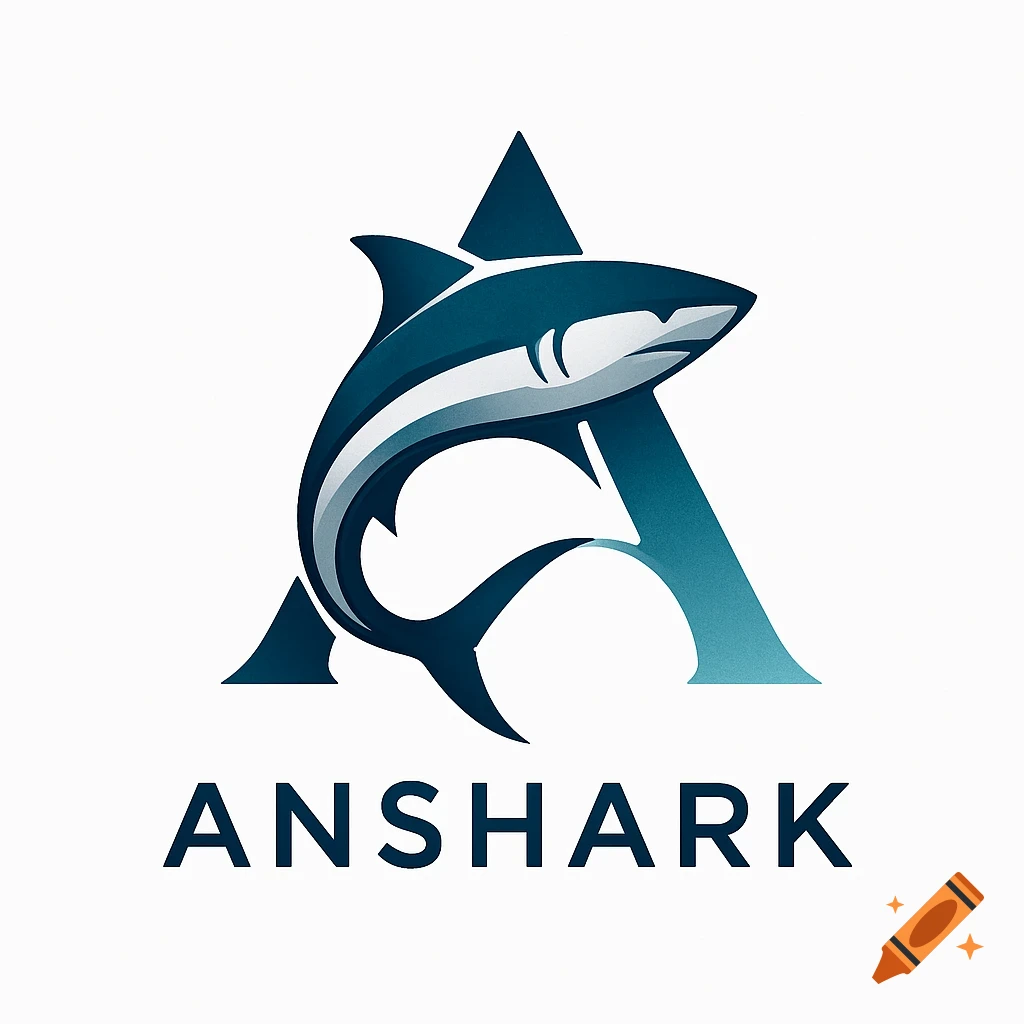 A blue shark logo integrated with the letter A, with the word ANSHARK below, on a white background.