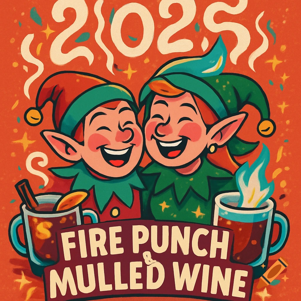 A festive, comic-style illustration of two smiling elves in hats, holding mugs of "Fire Punch & Mulled Wine" with "2025" at the top, on an orange background with stars.