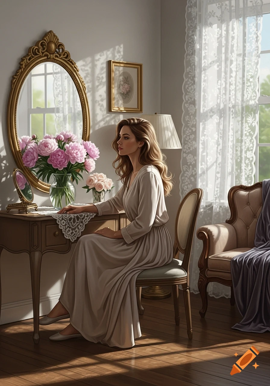 A woman in a cream dress sits at an ornate dressing table with pink peonies and a gold mirror in a sunlit, elegant bedroom, photorealistic style.