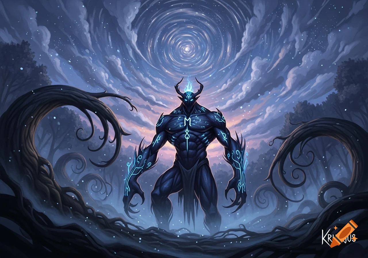 Dark blue horned monster with glowing runes in a misty forest under a swirling, starry sky. Digital art.
