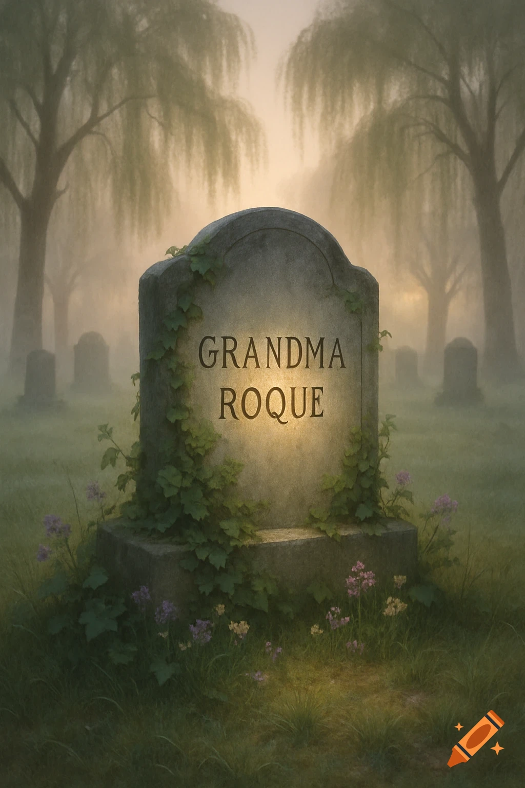 A misty cemetery scene with a prominent tombstone inscribed 'GRANDMA ROQUE', surrounded by ivy, wildflowers, and weeping willow trees.