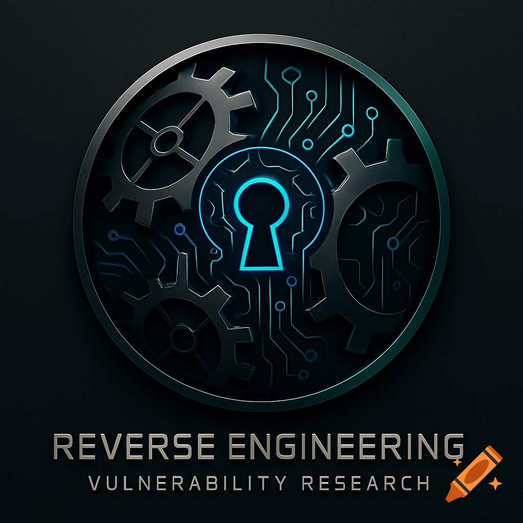 A round metallic logo featuring a glowing blue keyhole, circuit board patterns, and gears. Text below reads "REVERSE ENGINEERING VULNERABILITY RESEARCH".