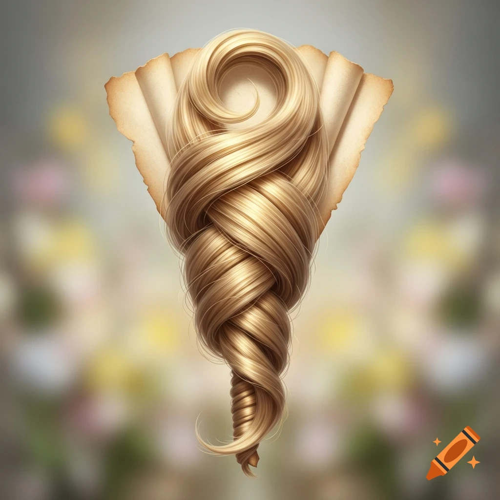 A highly detailed, shiny blonde hair strand intricately coiled and wrapped around a papilotte, against a soft, blurred background.