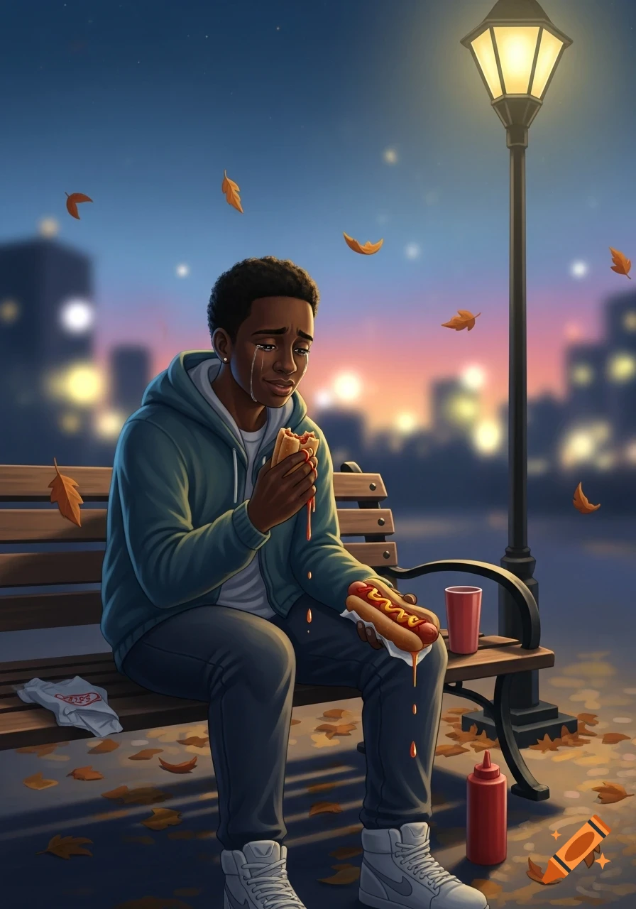 A crying Black man sits on a park bench under a lamppost at dusk, eating a hotdog with ketchup dripping.