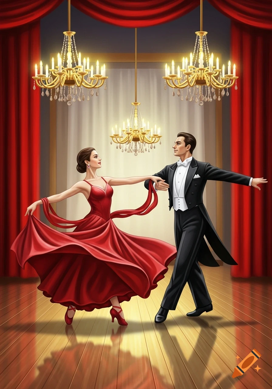 A man in a black tuxedo and a woman in a flowing red gown dancing elegantly in a grand ballroom with chandeliers.
