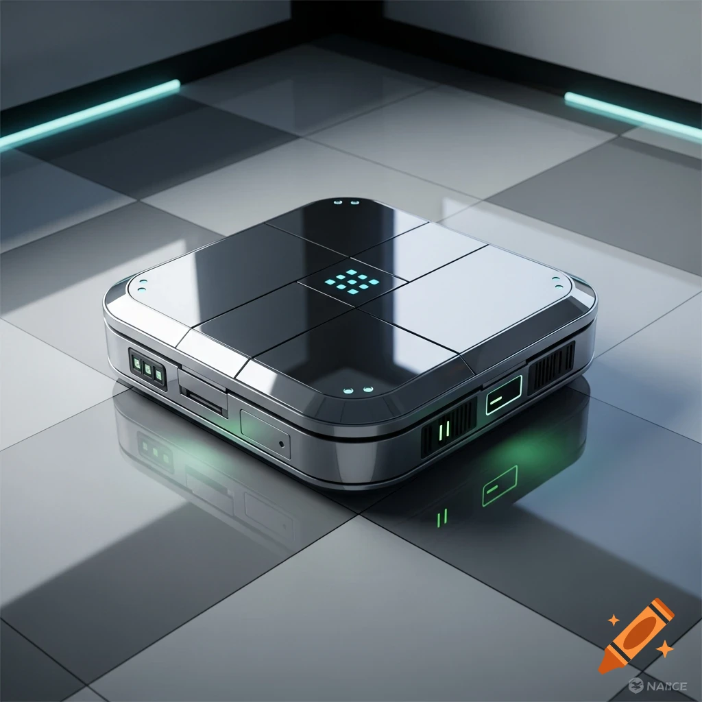 A sleek, square, metallic robot with rounded sides and glowing blue and green lights, lying on a tiled floor.