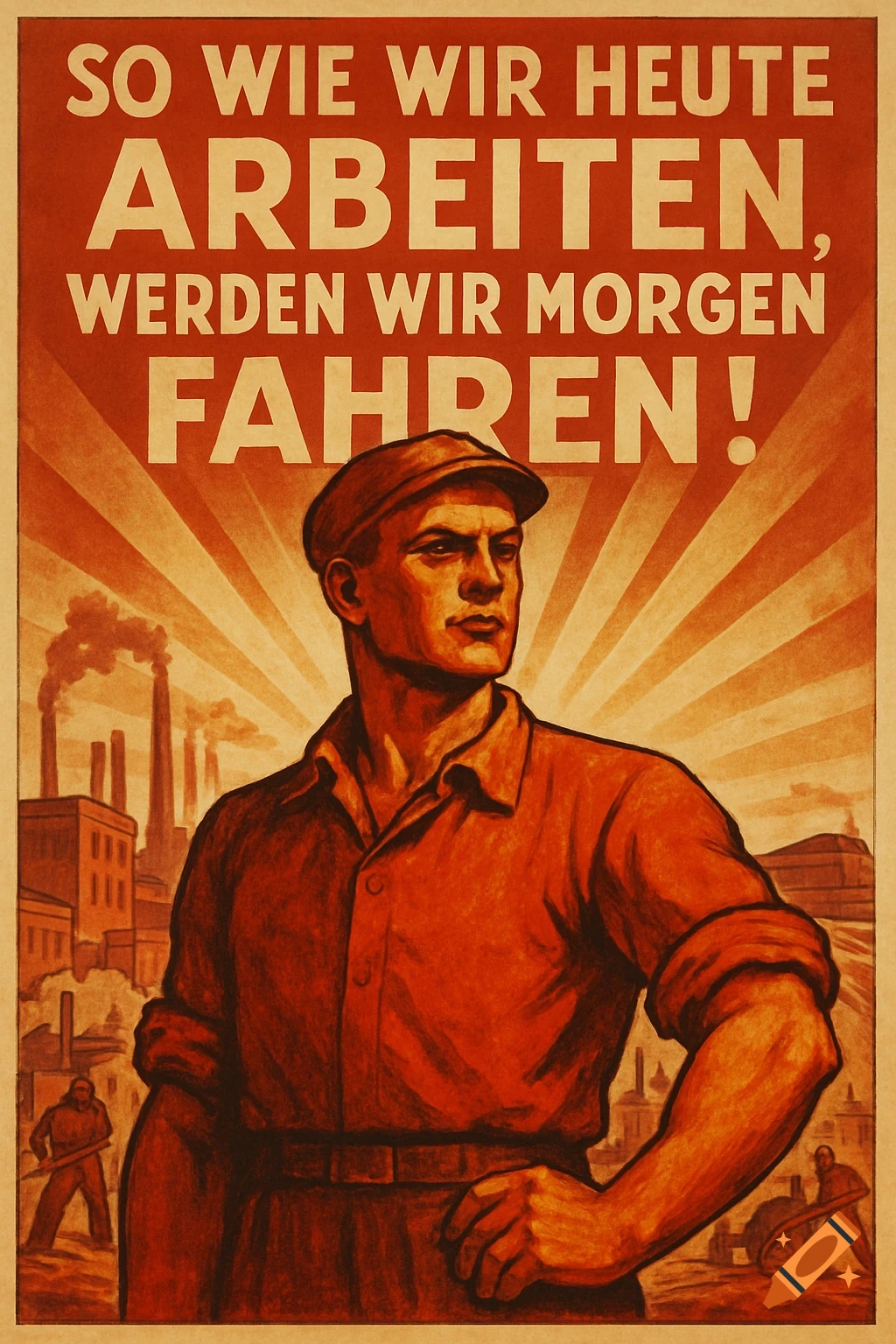 Socialist realism poster of a determined worker with an industrial background and sun rays, with German text.