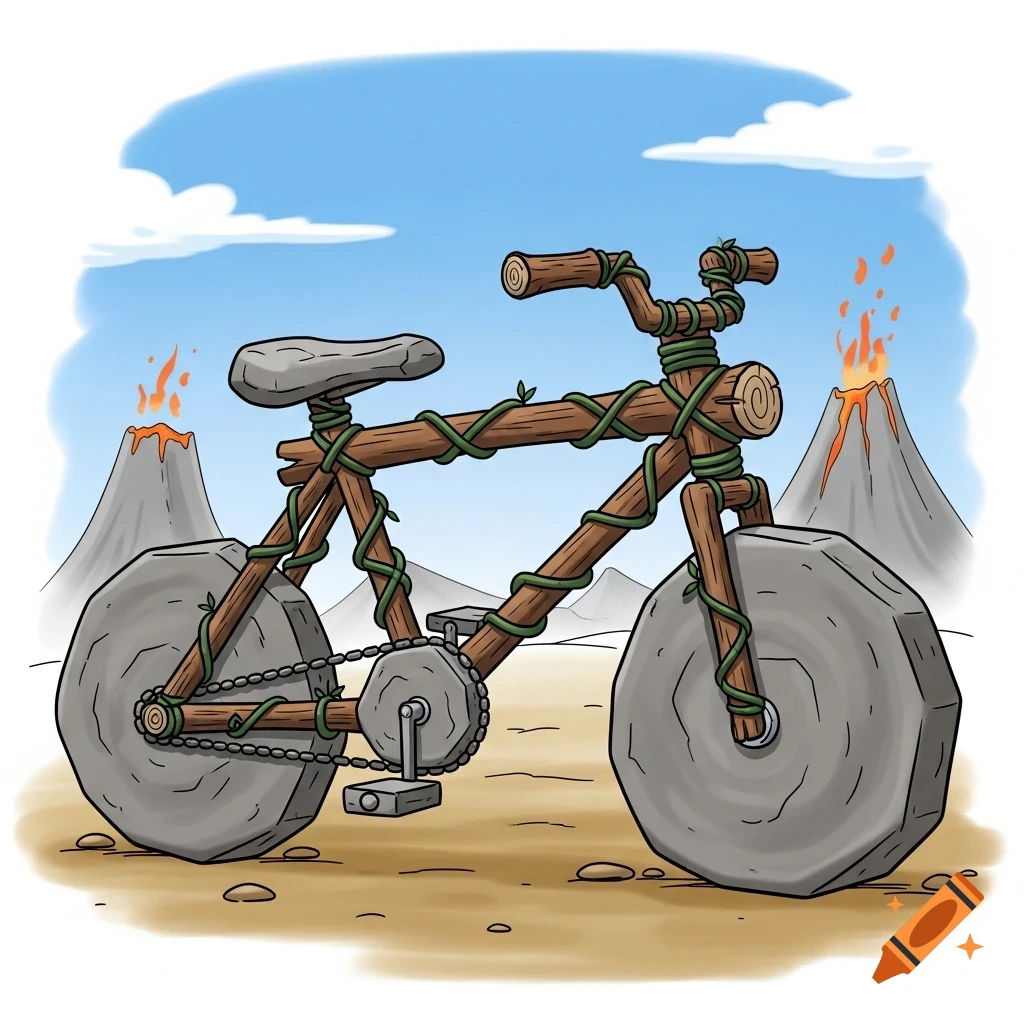 A cartoon prehistoric bicycle made of wood, vines, and large stone wheels, set on a dusty ground with two erupting volcanoes in the background.