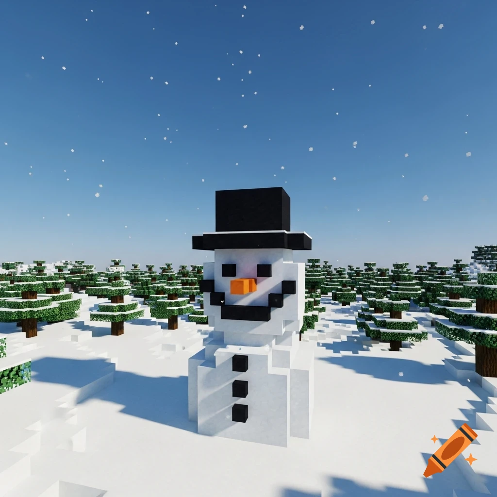 A smiling blocky snowman wearing a top hat stands in a snowy Minecraft-style forest with falling snow.