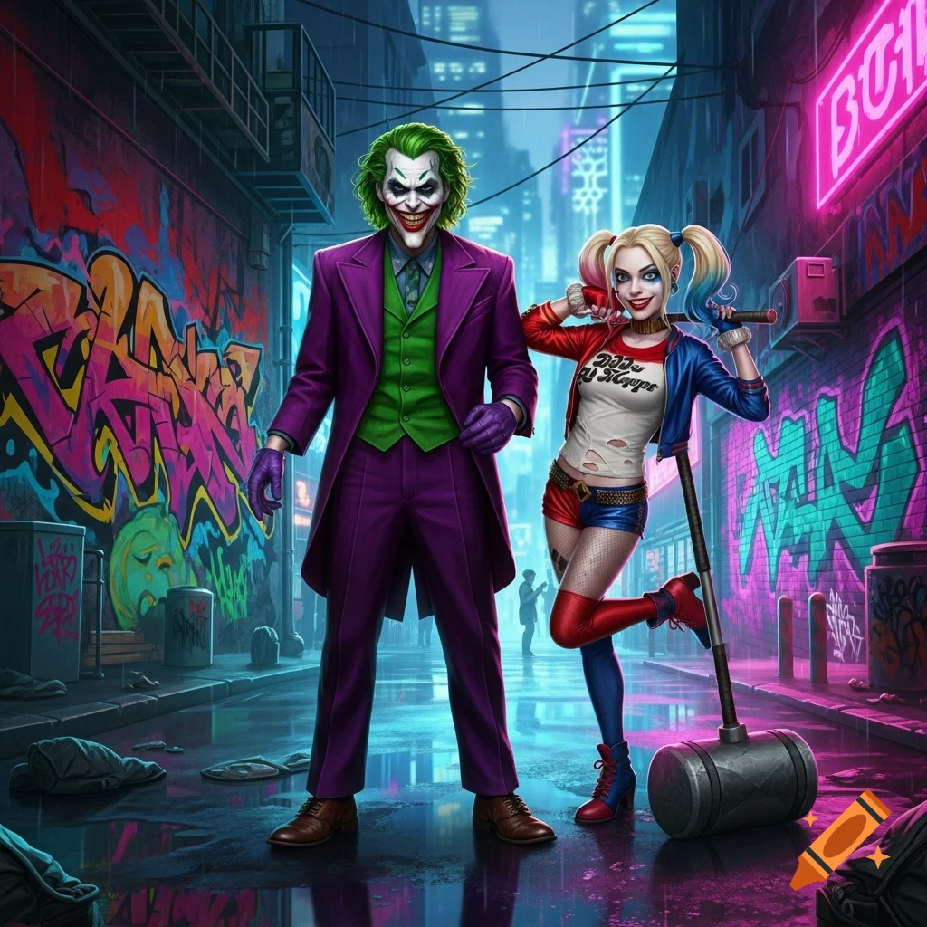 Joker and Harley Quinn stand in a neon-lit, graffiti-covered alleyway at night, in a stylized, animated art style.