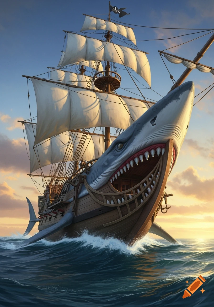 A fantasy pirate ship with a detailed shark head as its bow, sails billowing, sailing on a choppy ocean under a sunset sky.
