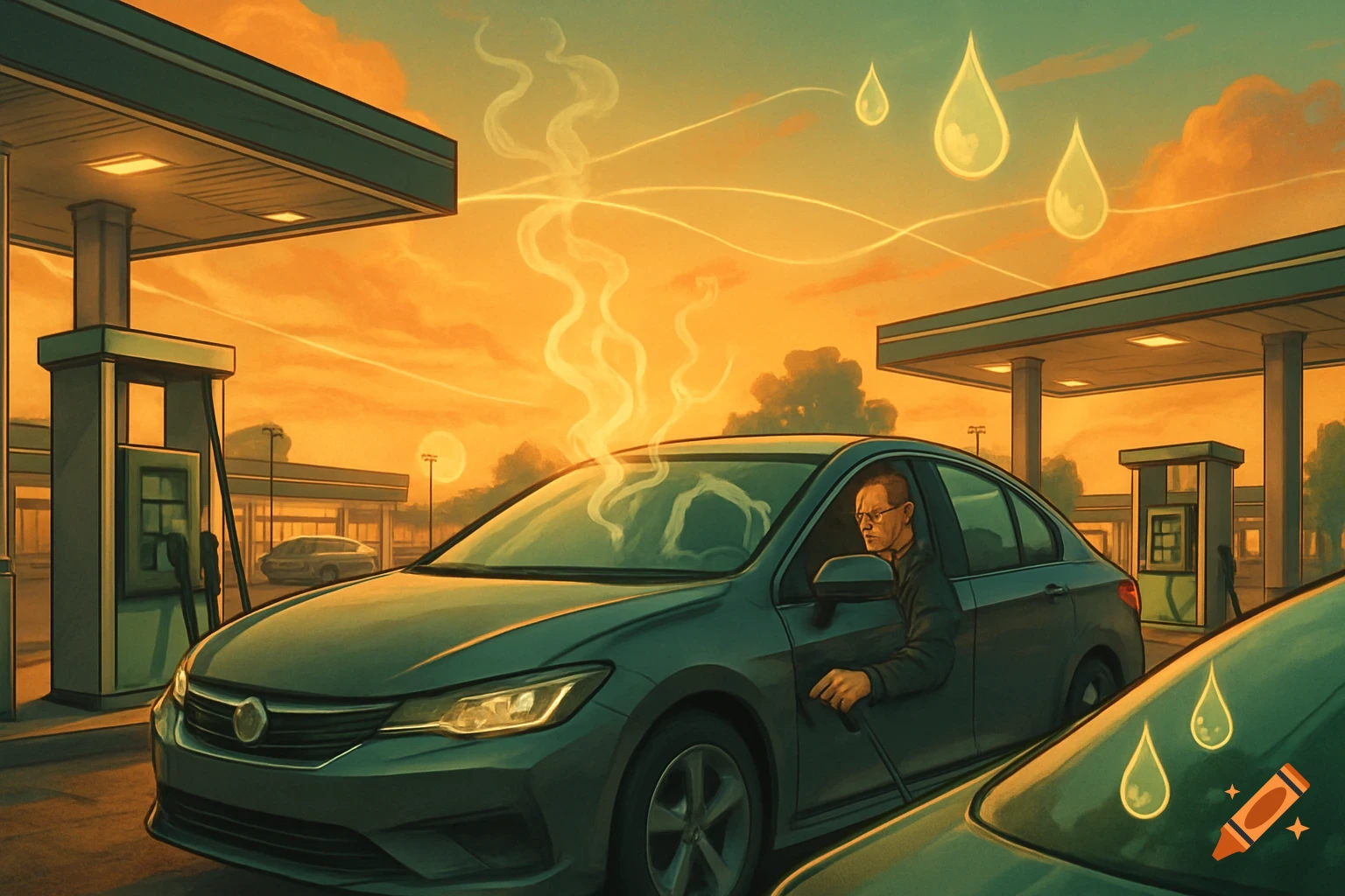 Stylized illustration of a man in a green car at a gas station during sunset, with smoke from the car and glowing fuel drops in the orange sky.