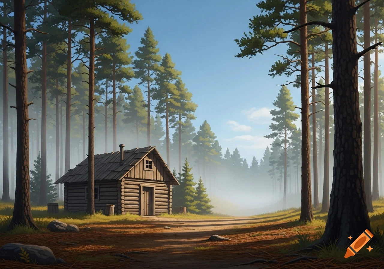 A rustic wooden cabin nestled among tall pine trees in a misty forest, with a dirt path in the foreground. Illustrative style.