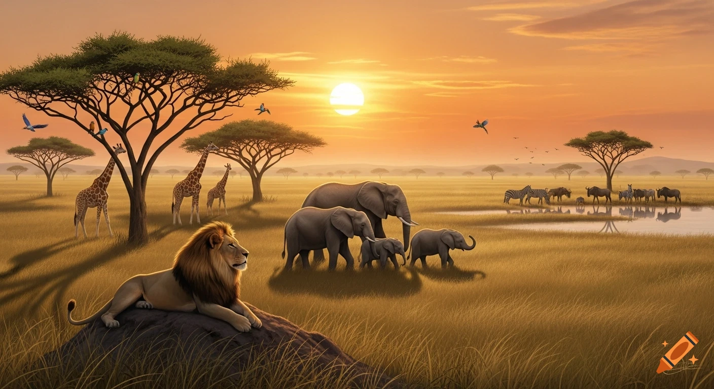A photorealistic savanna scene at sunset with a lion, elephants, giraffes, zebras, and wildebeest near a watering hole.