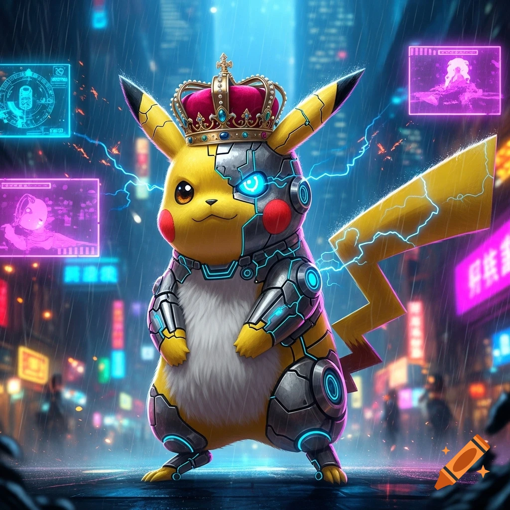 A cyborg Pikachu wearing a crown stands in a rainy, neon-lit cyberpunk city at night.