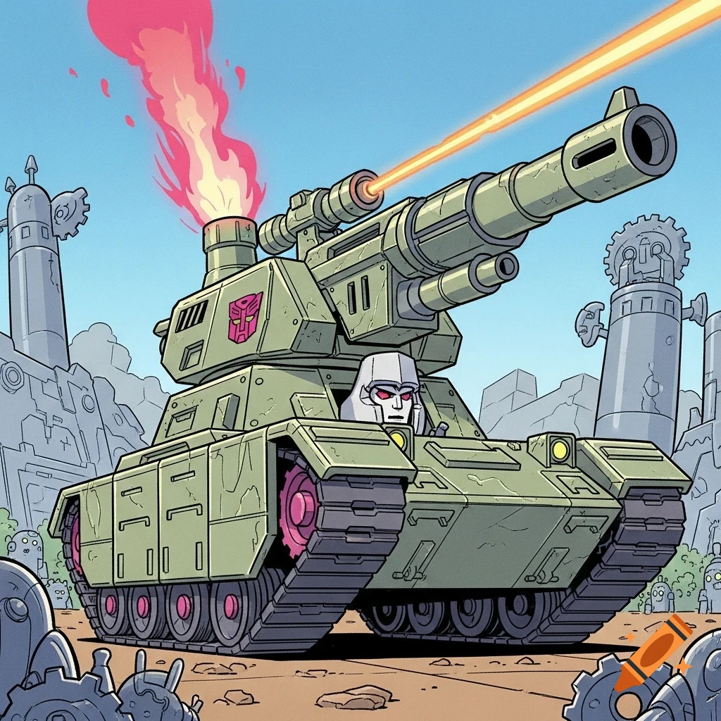 Cartoon illustration of Megatron as a green tank, firing a yellow laser beam from its cannon, with red exhaust, against a blue sky.