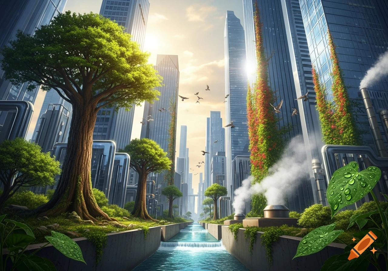 A detailed, futuristic cityscape featuring tall skyscrapers covered in green vines and trees, with a river flowing through the center. Birds fly in a bright sky.