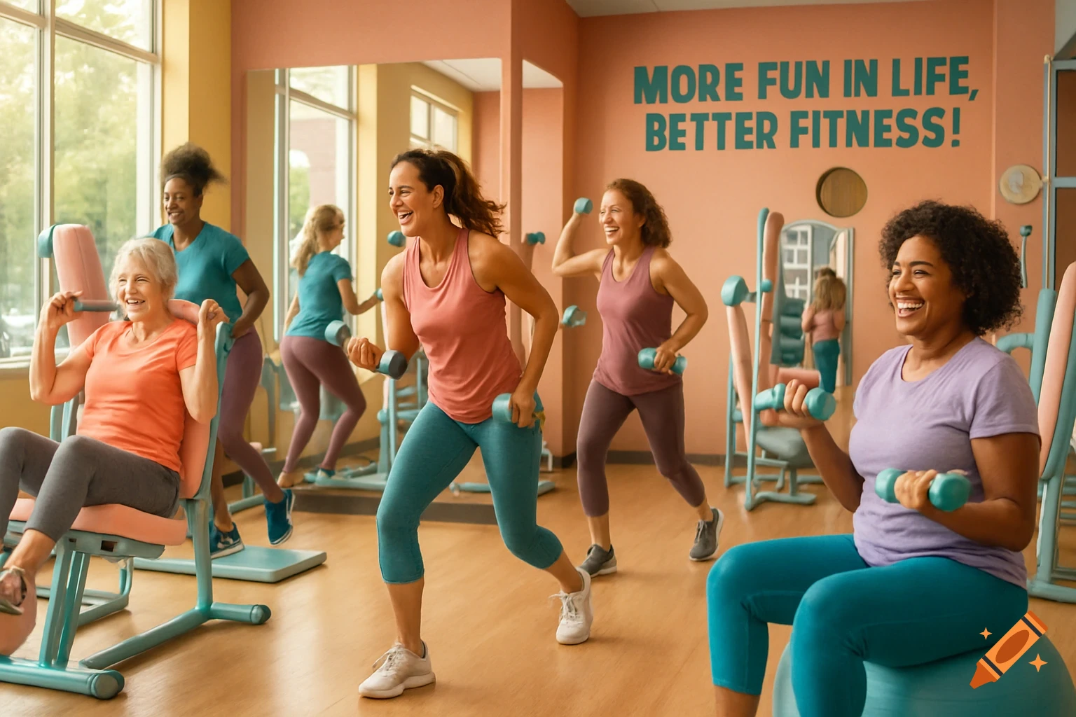 Happy women of diverse ages exercising with dumbbells and on machines in a bright gym. Text on wall: 'MORE FUN IN LIFE, BETTER FITNESS!'