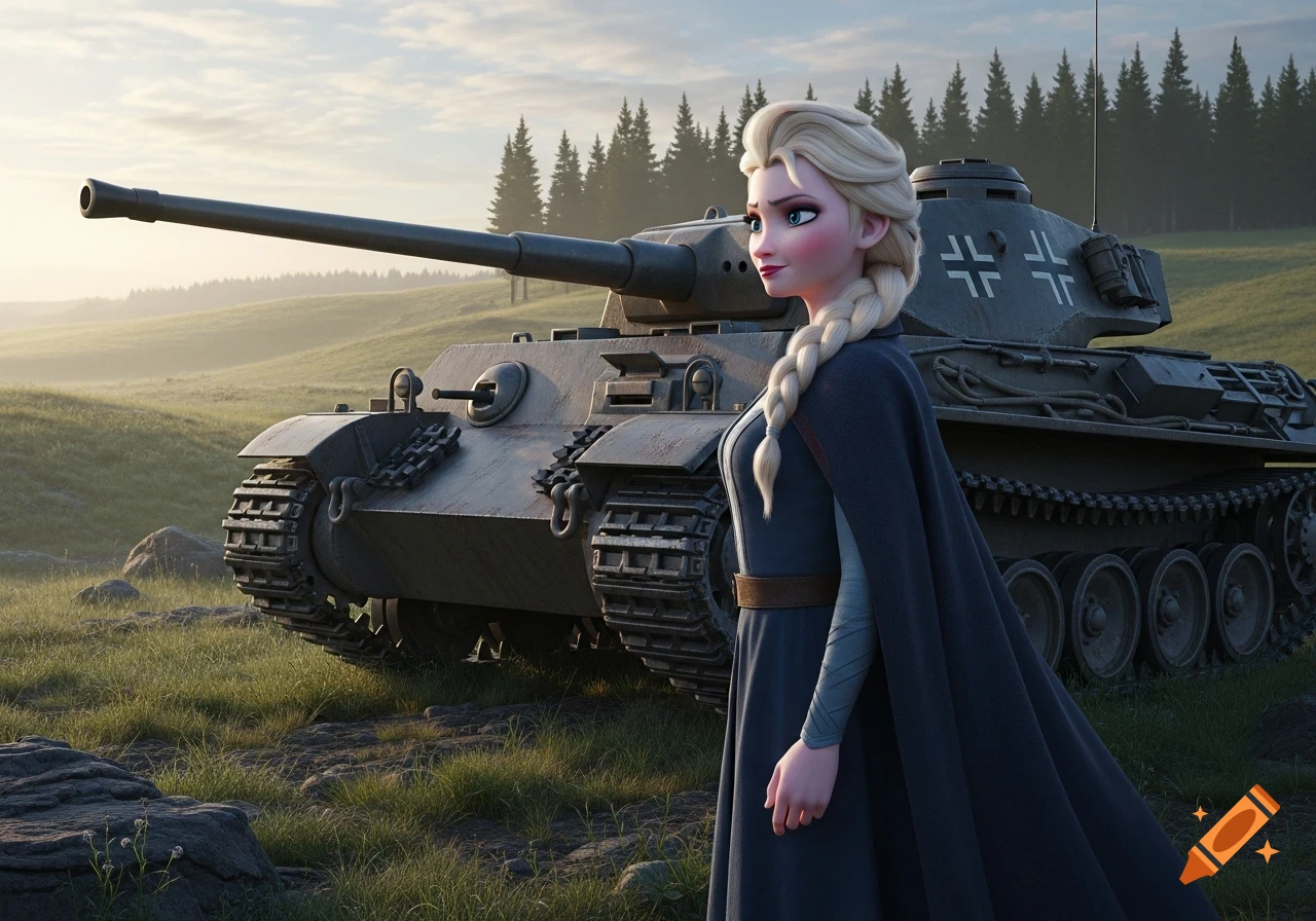 Elsa from Frozen stands beside a realistic German Panzer tank in a grassy field with pine trees under a cloudy sky.