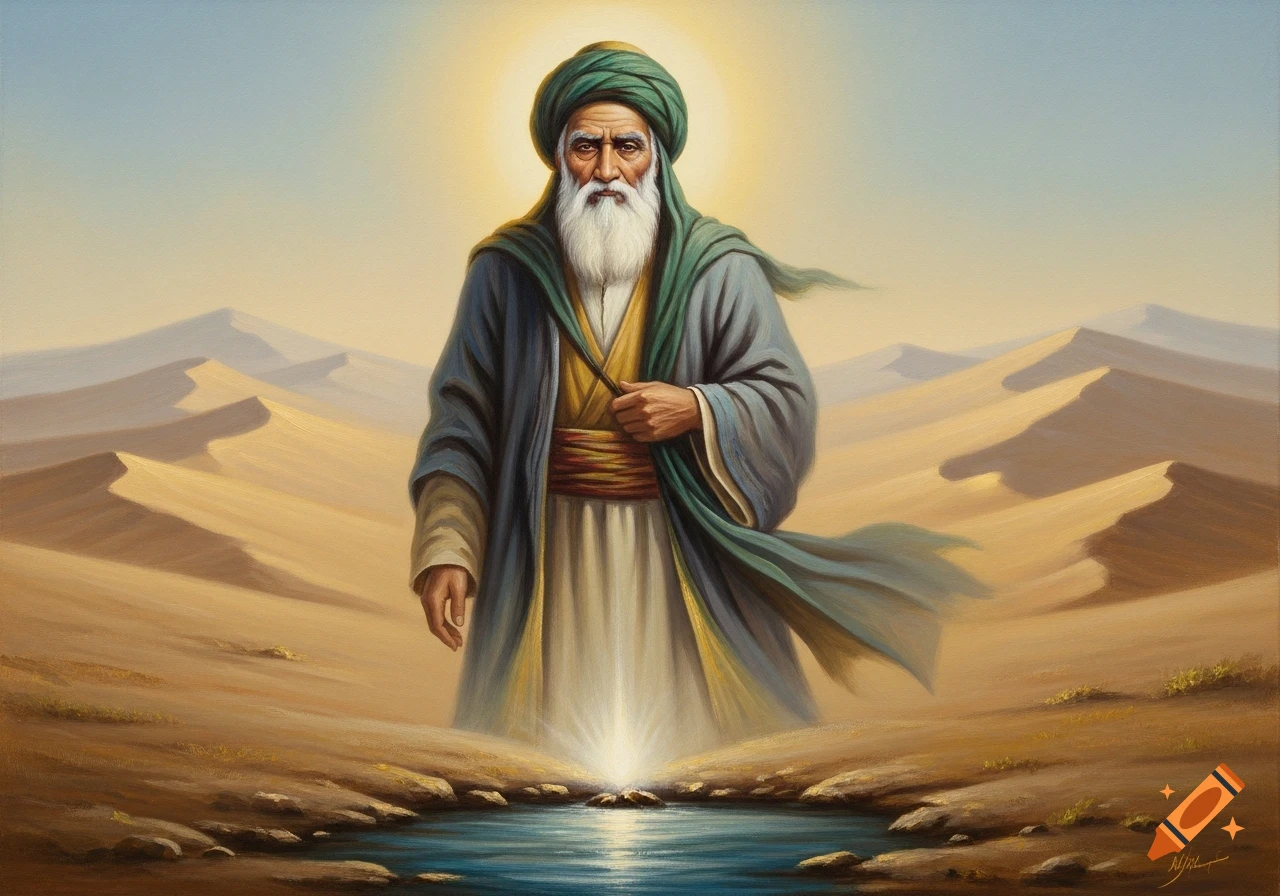 An oil painting of an elderly Persian Sufi man with a long white beard, standing in a mystical desert with a glowing spring.