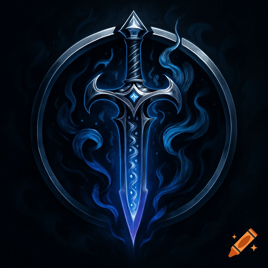 Dark fantasy art of a glowing blue sword with an ornate hilt, centered within a circular emblem surrounded by mystical blue smoke.