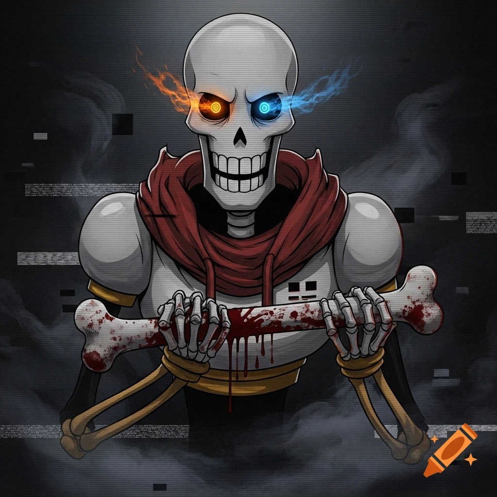 A smiling skeletal character, Papyrus from Undertale, with glowing orange and blue eyes and a red hoodie, holds a bloody bone against a dark, glitchy background.
