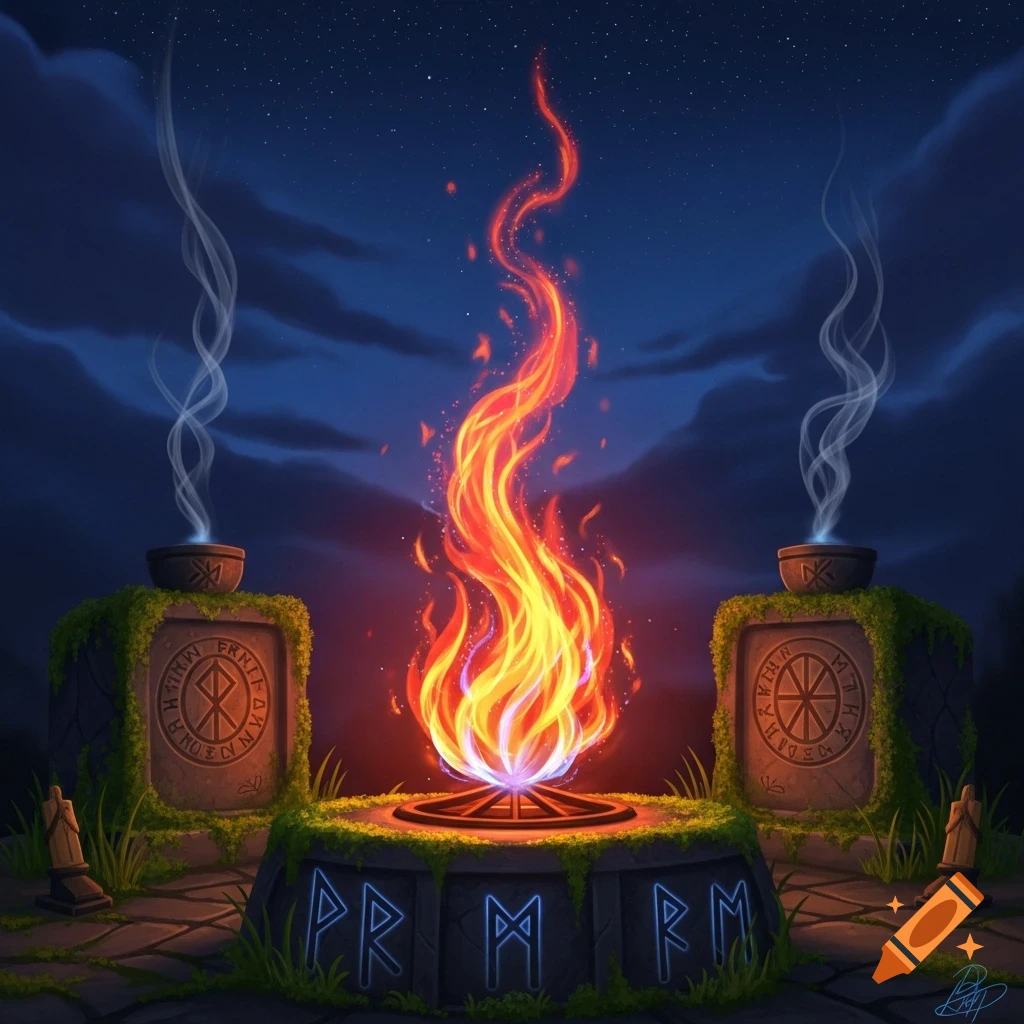 A vibrant bonfire glows in the center of a stone altar adorned with blue glowing runes, flanked by two mossy runic pillars under a starry night sky.