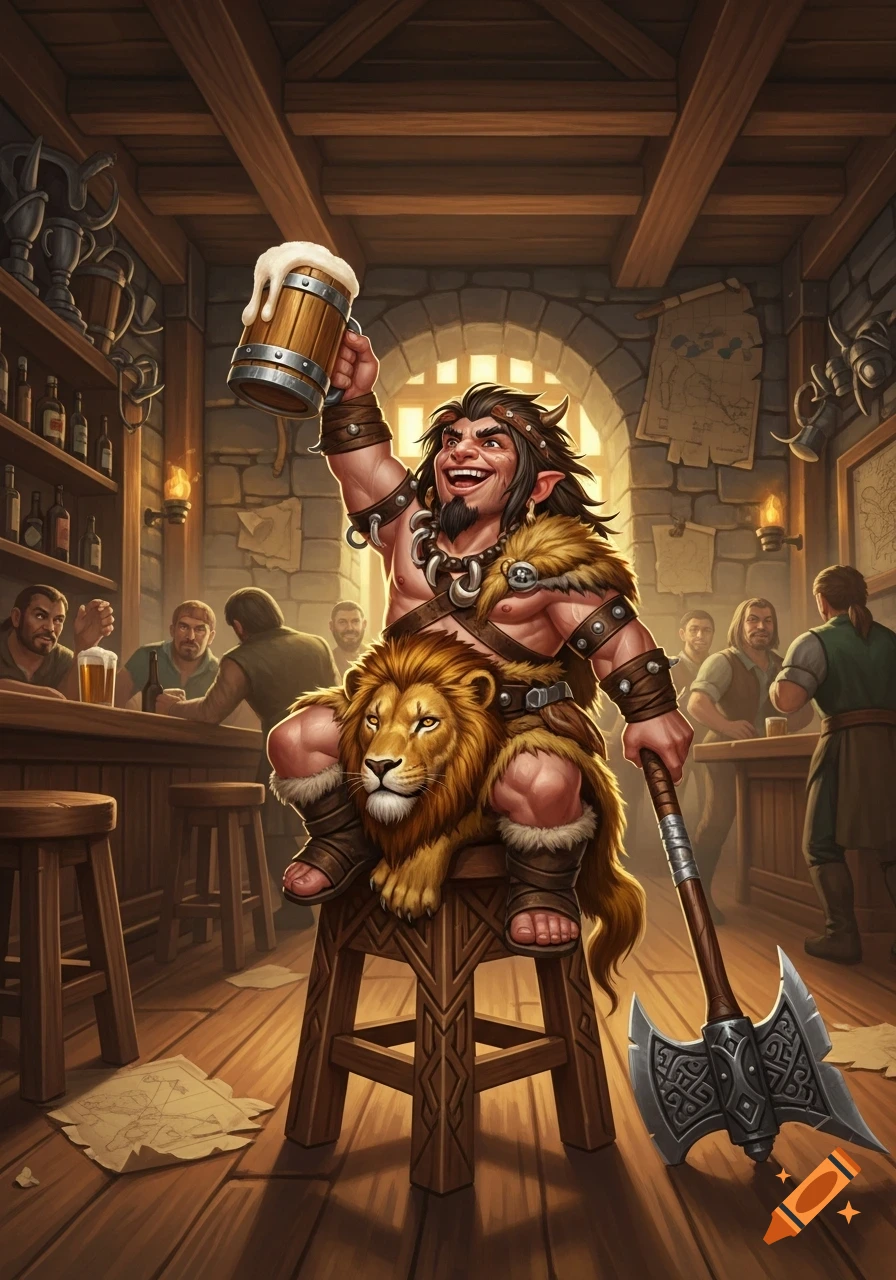 A cheerful, muscular barbarian with a lion pelt loincloth sits on a stool in a tavern, raising a mug of ale and holding an axe.