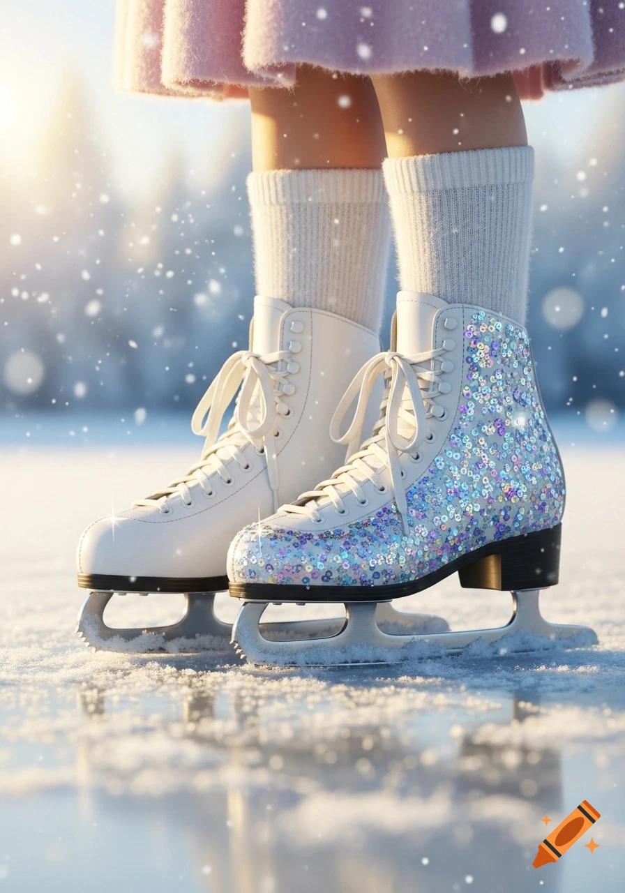 Close-up of a person wearing one white and one sparkling ice skate on a snowy ice rink during winter.