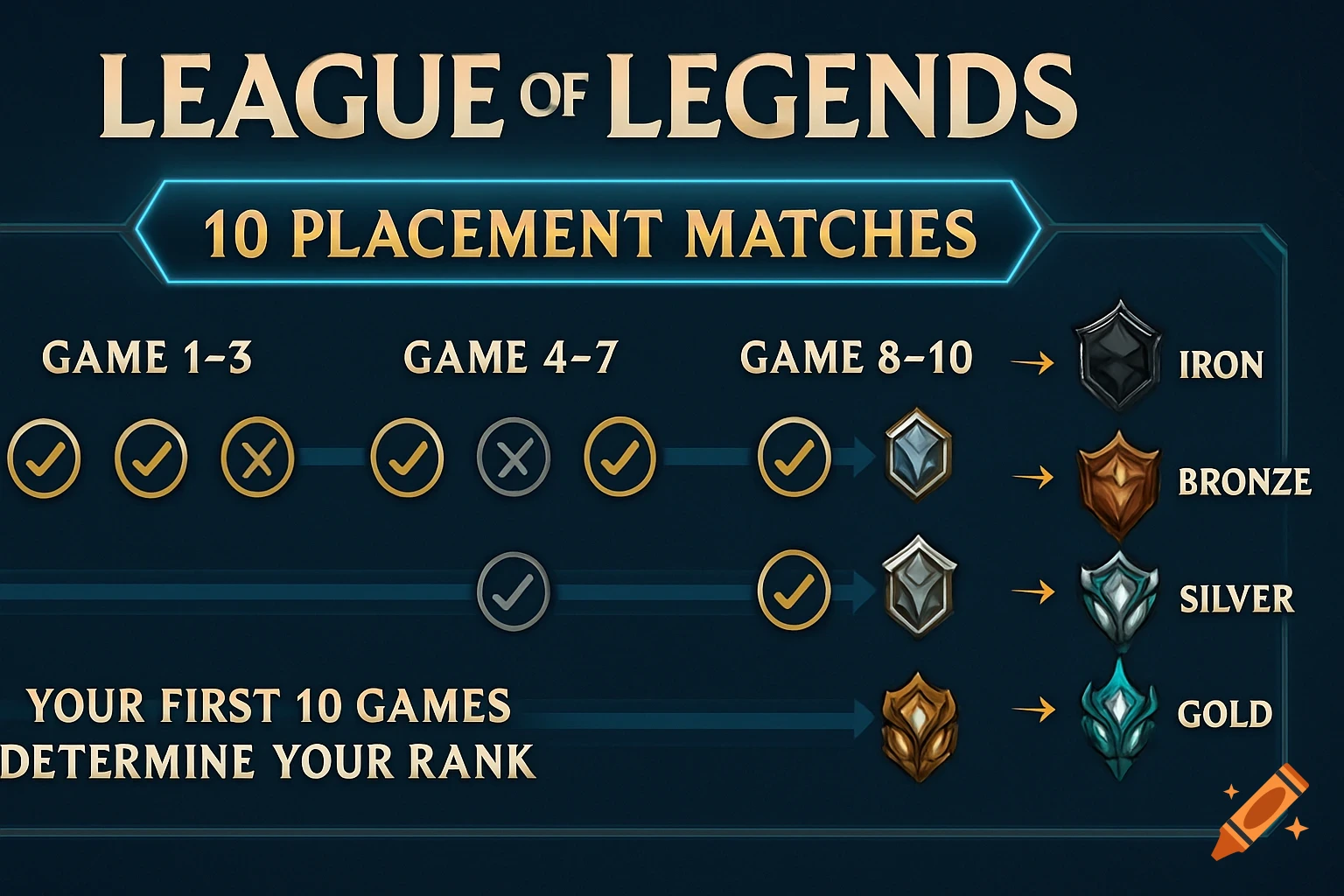 League of Legends infographic showing 10 placement matches, game progression (1-3, 4-7, 8-10) with wins/losses, and rank outcomes from Iron to Gold.