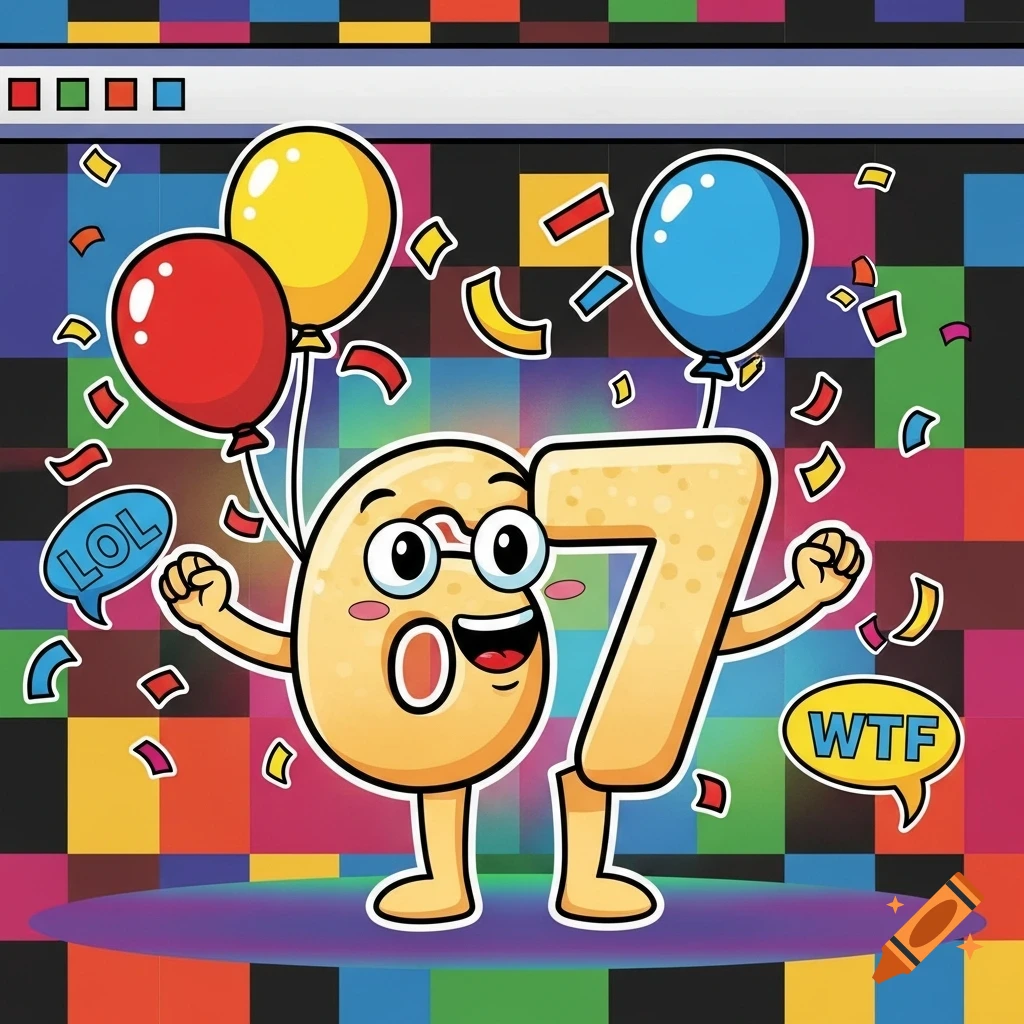 Vibrant cartoon illustration of personified numbers 6 and 7 celebrating with balloons and confetti, with speech bubbles saying 'LOL' and 'WTF'.