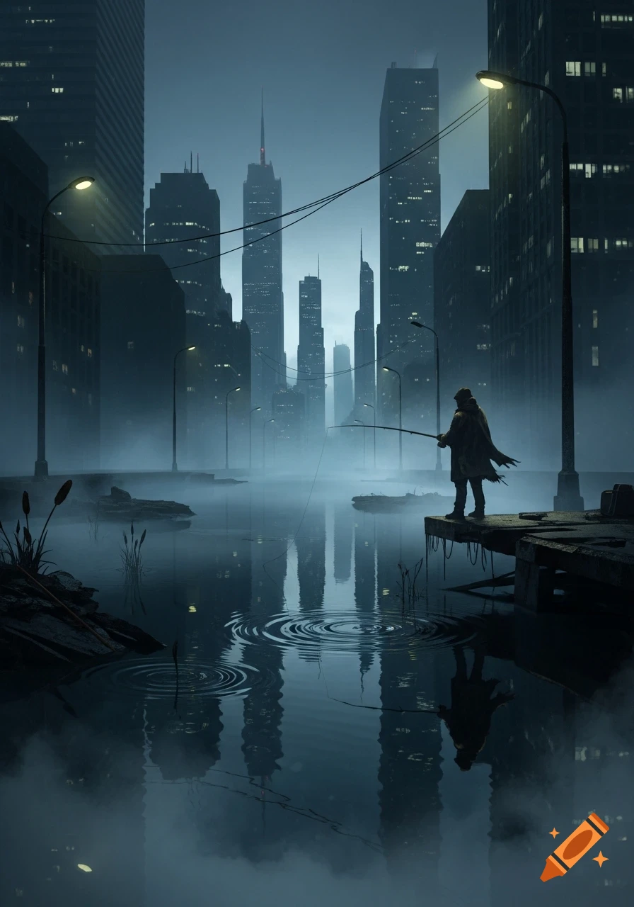 A silhouetted figure fishes from a concrete slab in a dark, foggy urban landscape, with tall buildings reflecting in the water.