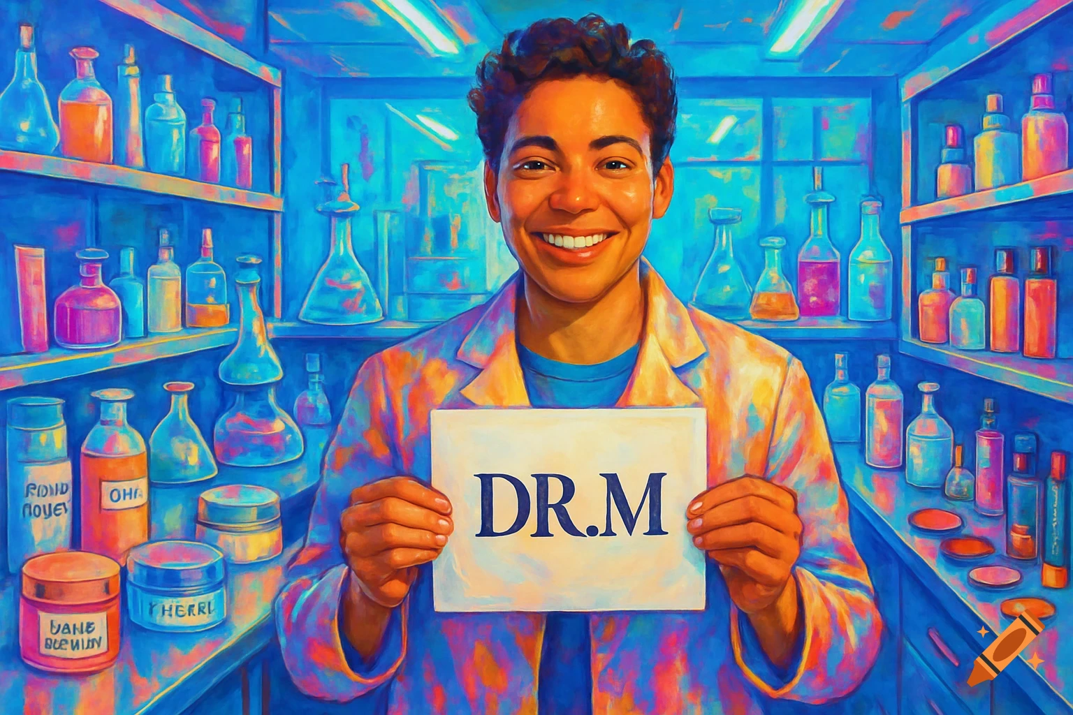 A smiling person in a lab coat holds up a sign with "DR.M" written on it, surrounded by colorful laboratory bottles and jars in a painterly style.