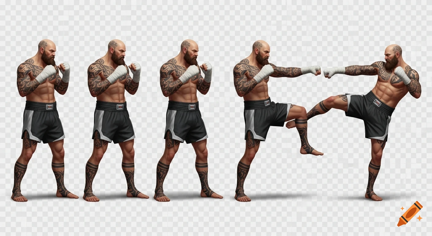 A bald, heavily tattooed male fighter with a thick beard and white hand wraps, wearing black and white shorts, shown in five sequential fighting poses against a transparent background.