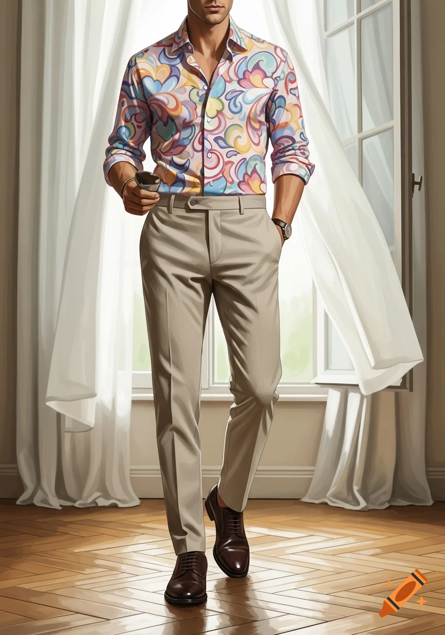 A man wearing a colorful patterned button-up shirt, beige chinos, and dark brown oxford shoes stands in a sunlit room.