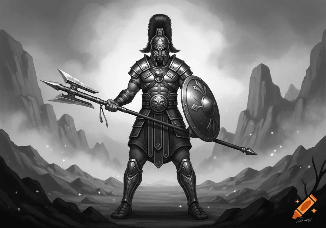 A stylized black and white ancient warrior in full armor, holding a multi-pronged spear and a shield, stands in a misty, rocky landscape.