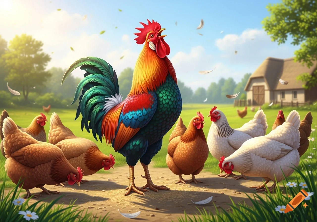 A colorful rooster stands crowing among hens on a dirt path in a sunny farmyard with a barn.