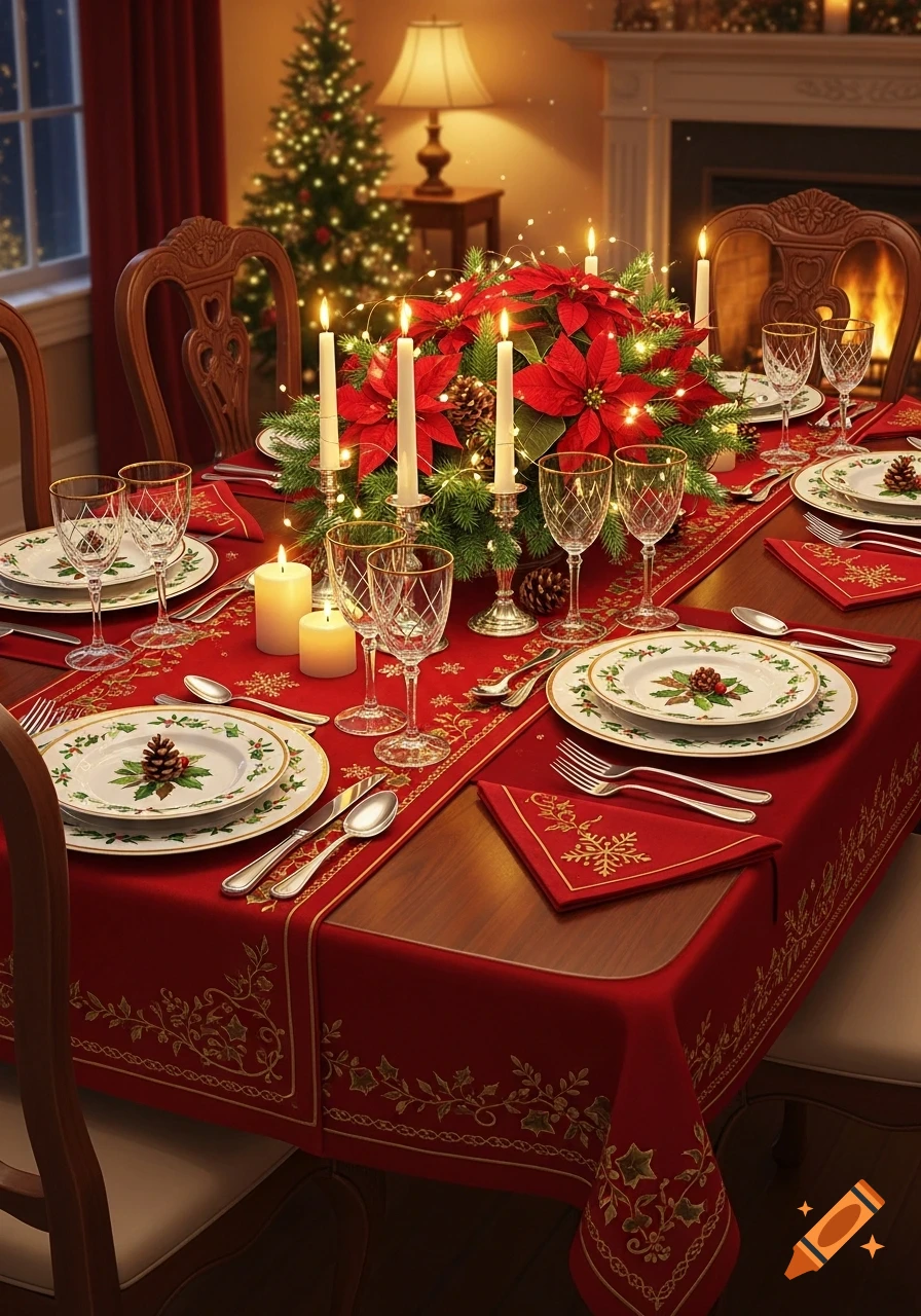 A photorealistic Christmas dinner table set with a red tablecloth, poinsettia centerpiece, candles, and elegant place settings in a festive room.