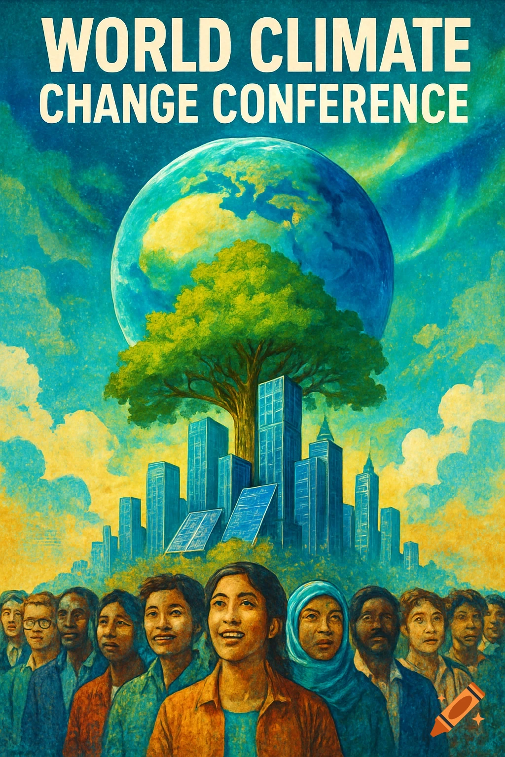 Poster for World Climate Change Conference featuring a large tree growing from city buildings, Earth, and diverse people looking upwards, in a vibrant, textured art style.