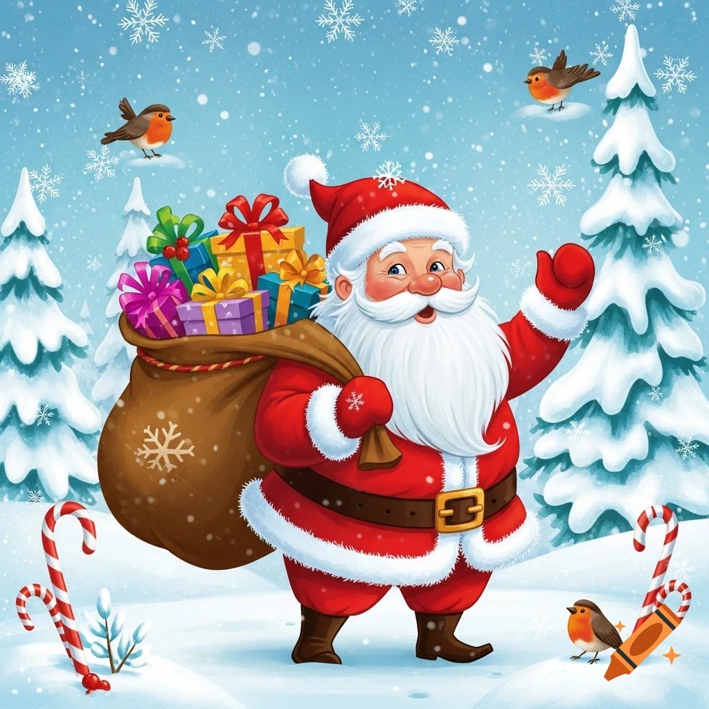 Cartoon Santa Claus holding a bag of gifts, walking in a snowy winter forest with birds.