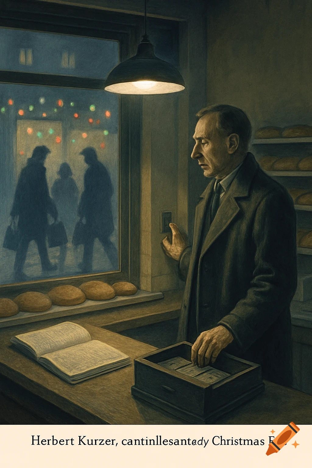 Illustration of a man in a bakery at night on Christmas Eve, standing by the counter with an open cash drawer as silhouettes pass by the window.