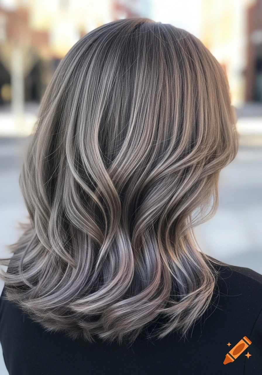 Close-up back view of a woman's medium-length, wavy hair with light brown and gray highlights, worn over a black top.