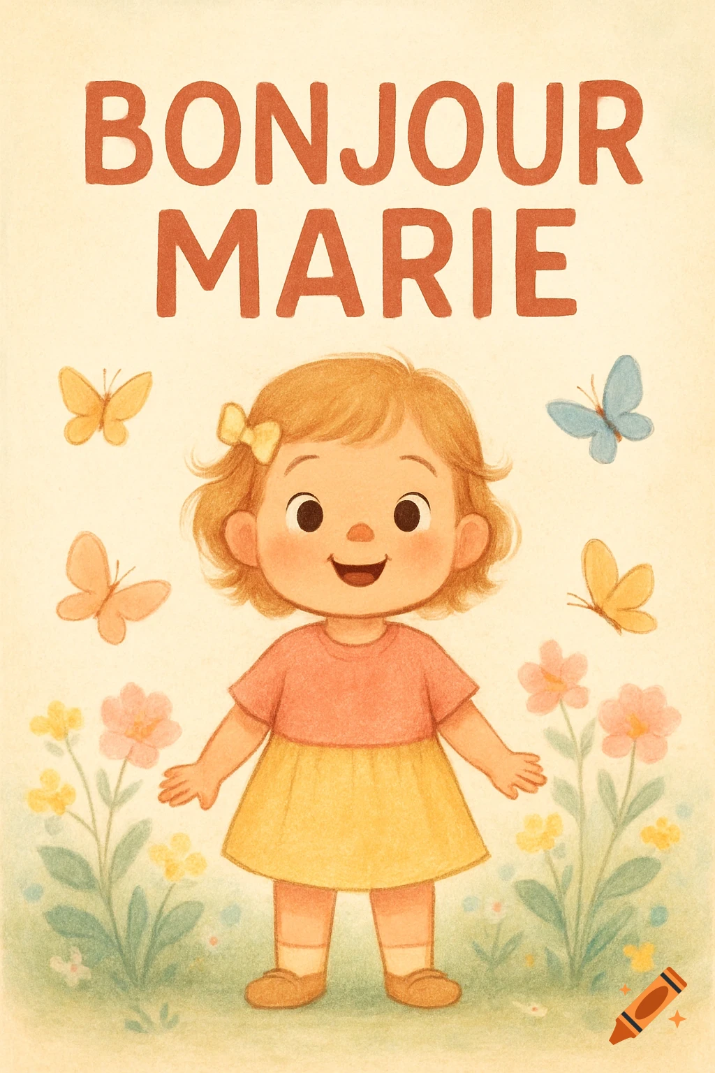 A smiling, cute cartoon girl with orange hair, wearing a pink shirt and yellow skirt, stands among flowers with butterflies. Text reads "BONJOUR MARIE".